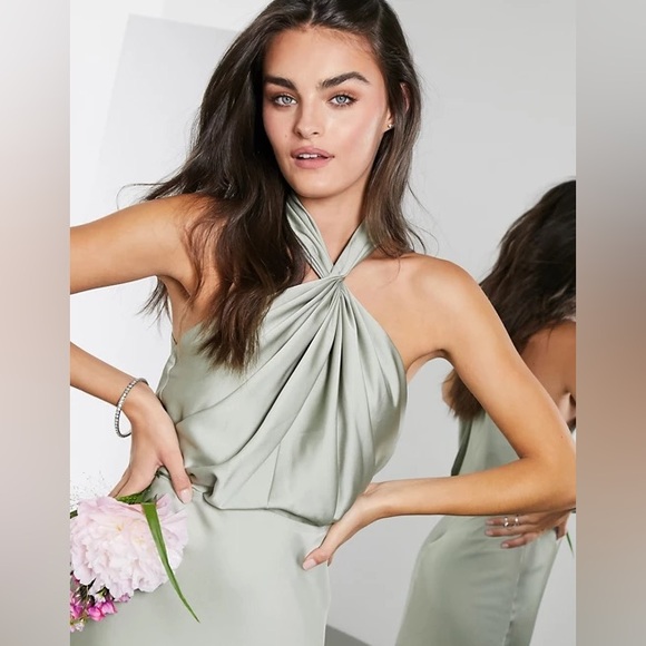 ASOS edition satin ruched halter neck maxi dress, sage green, US 4 - Picture 6 of 8